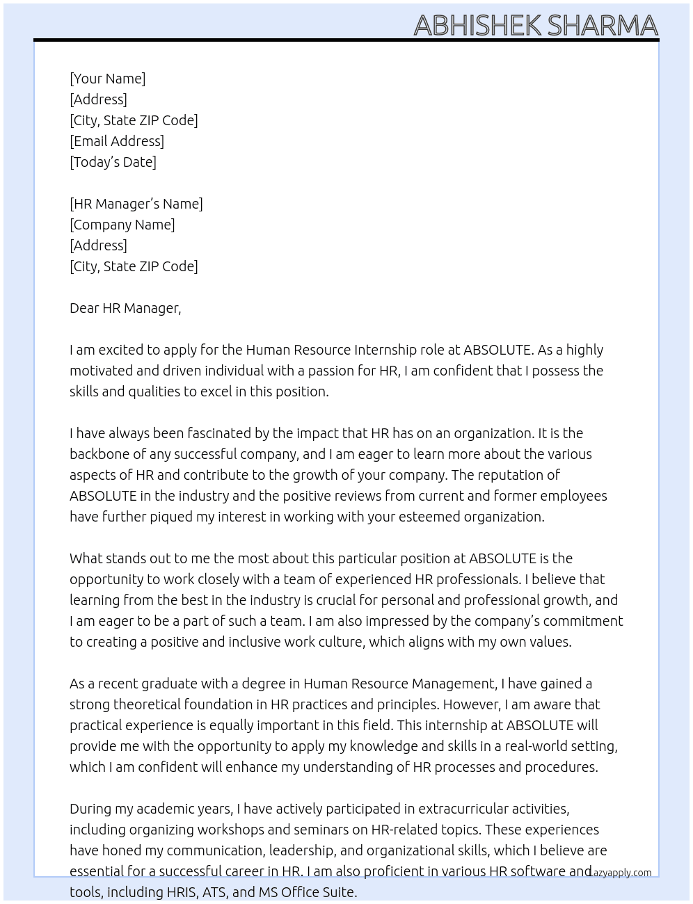 HUMAN RESOURCE  At ABSOLUTE  Cover Letter