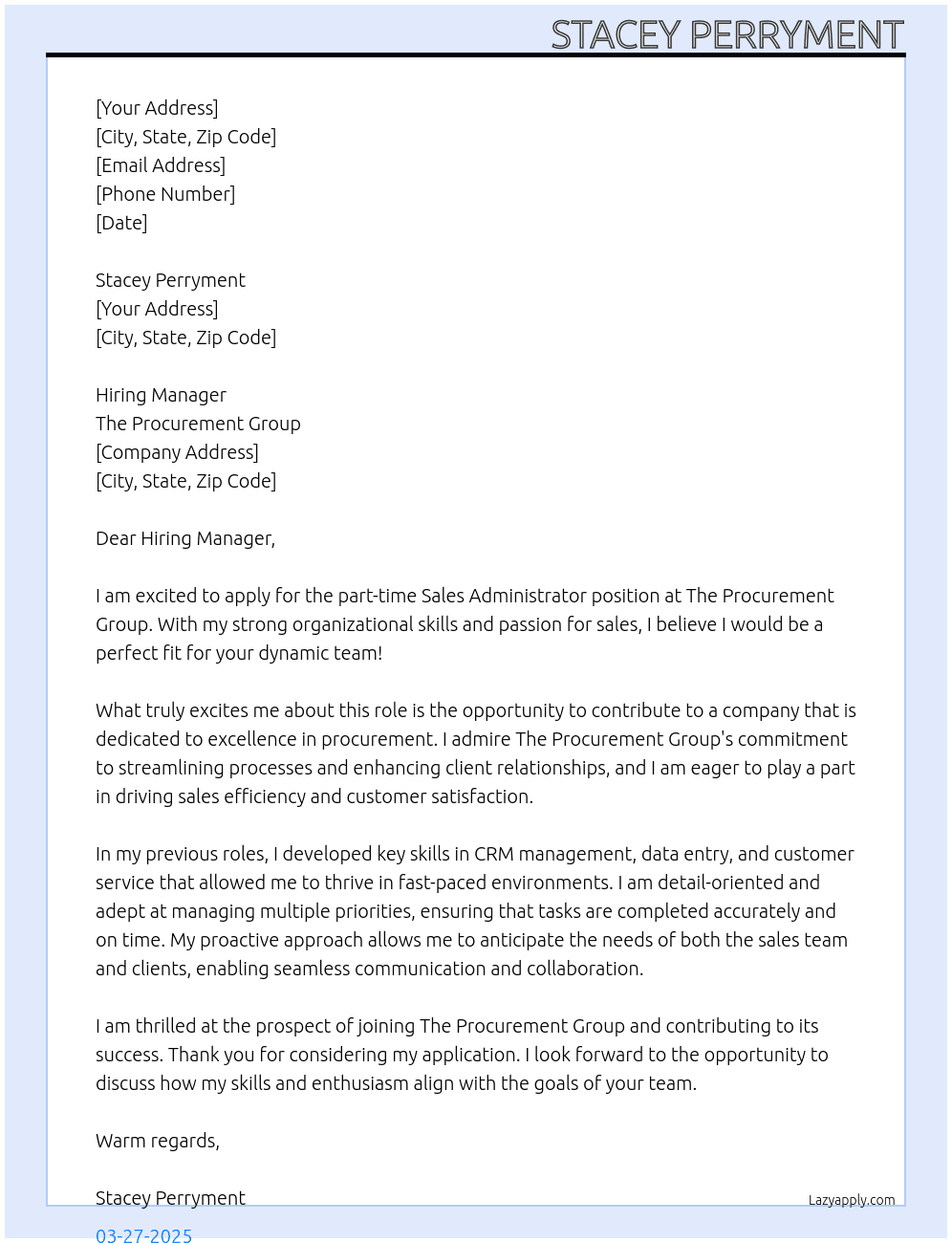Sales administrator At The procurement group Cover Letter