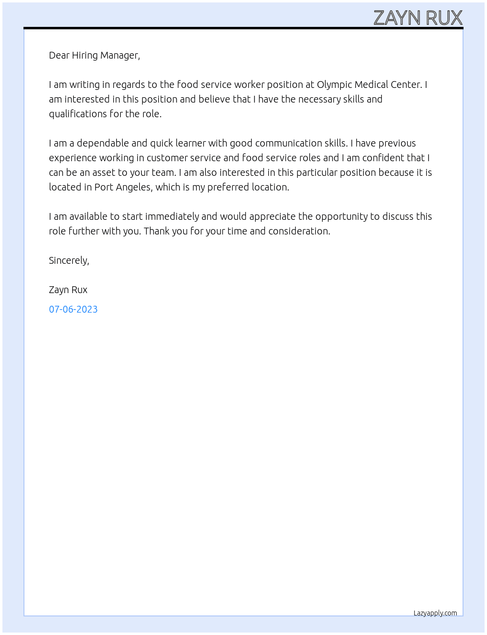 Food service worker At Olympic Medical Center Cover Letter