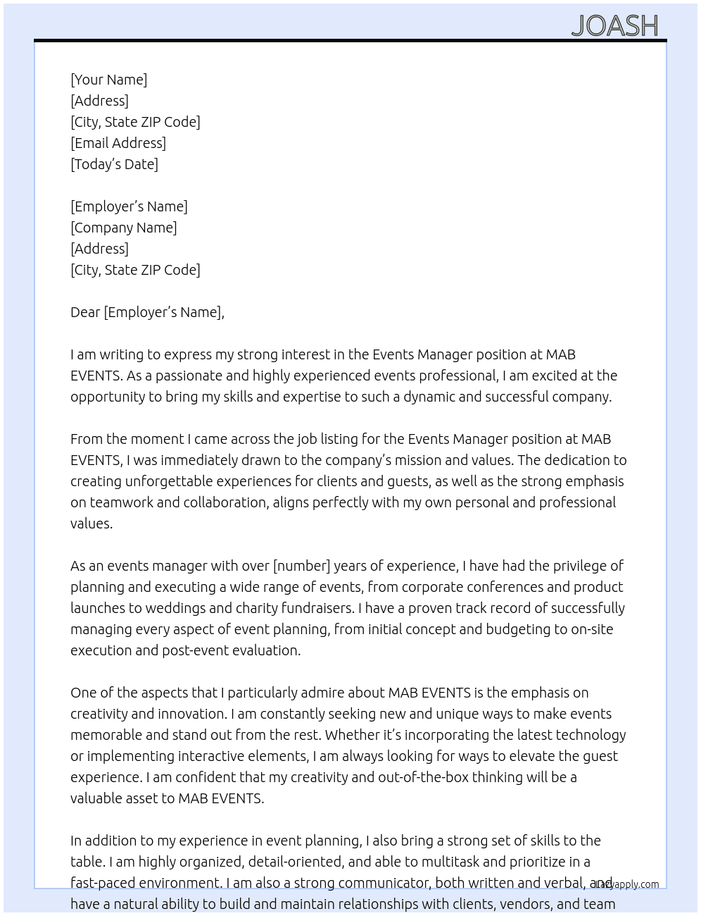 Events Manager At MAB EVENTS Cover Letter