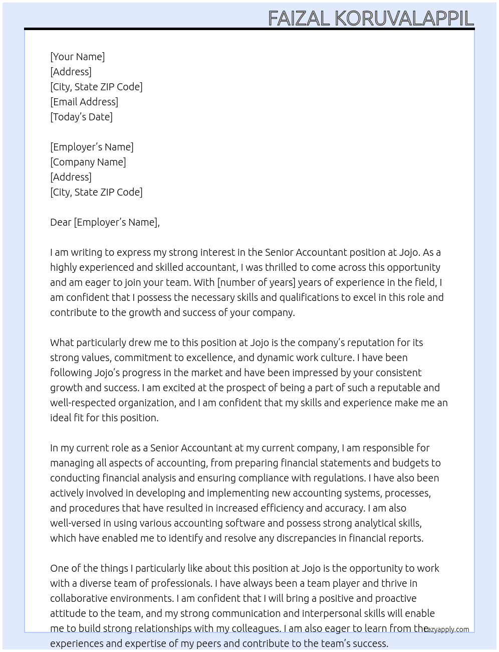 Senior Accontant At jojo Cover Letter