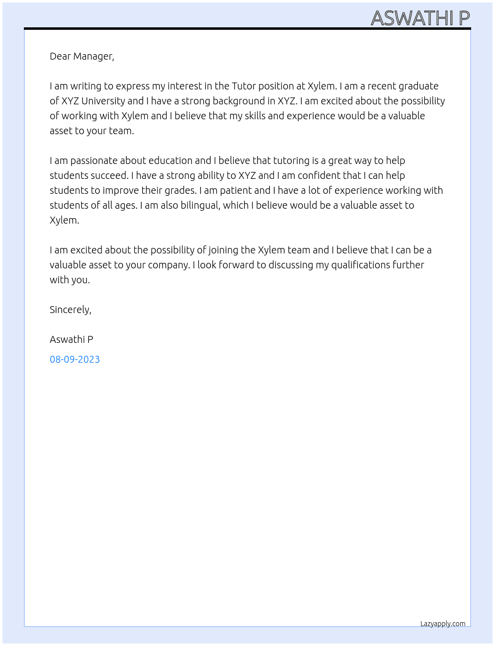 TUTOR At Xylem Cover Letter