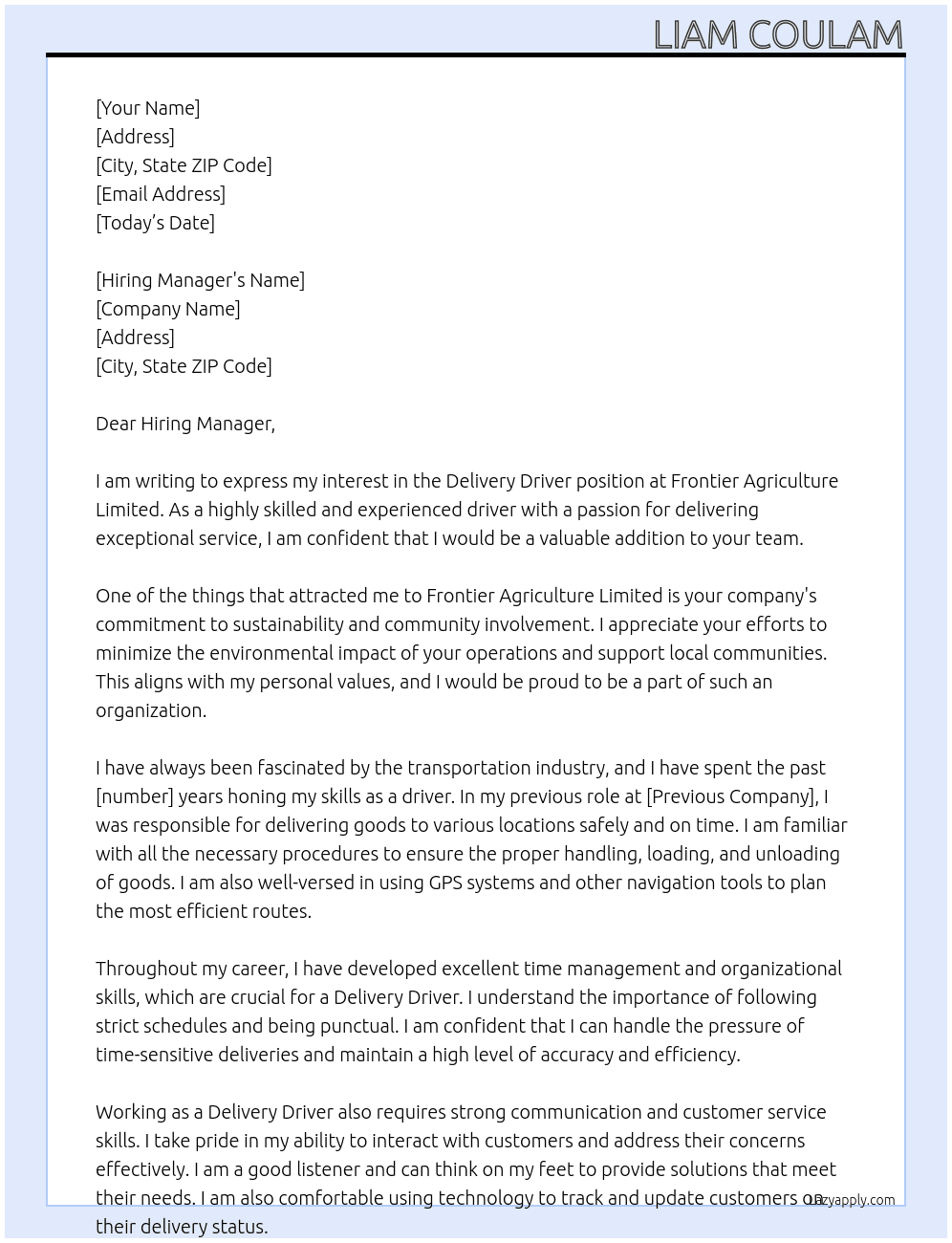 Delivery Driver At Frontier Agriculture Limited Cover Letter