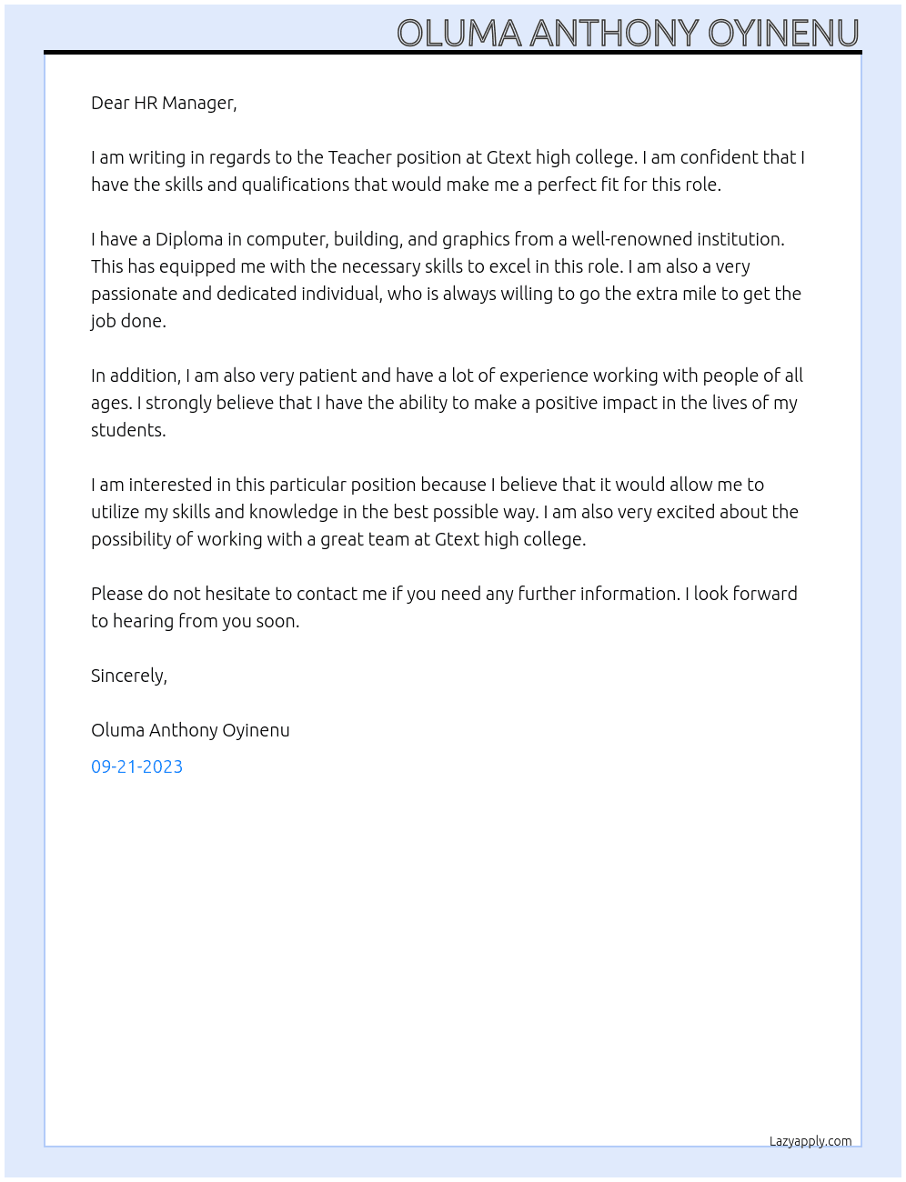 Teacher At Gtext high college Cover Letter