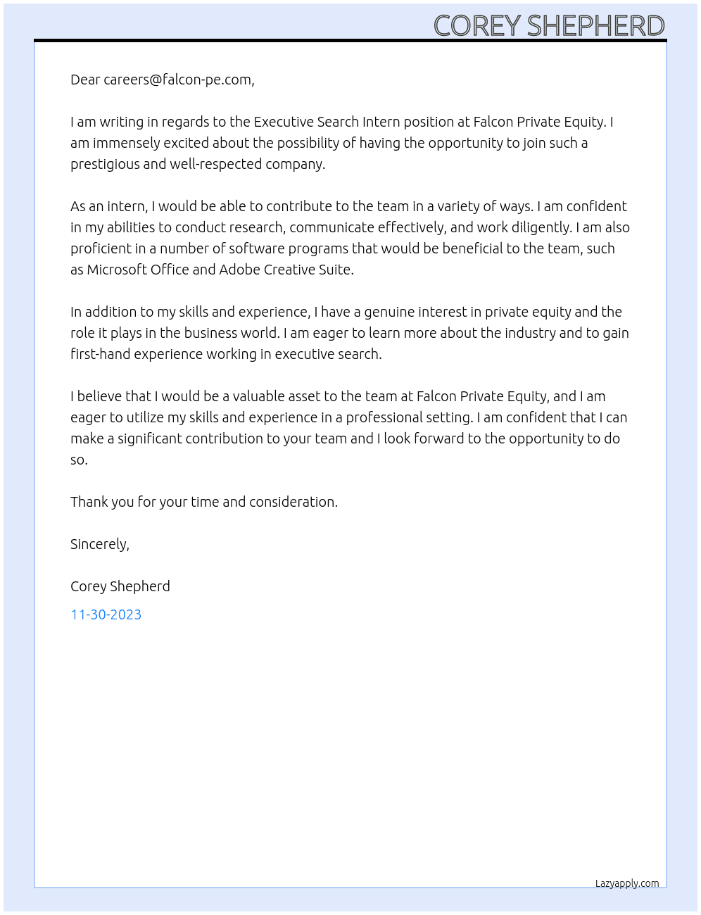 Executive Search Intern Application At Falcon Private Equity Cover Letter