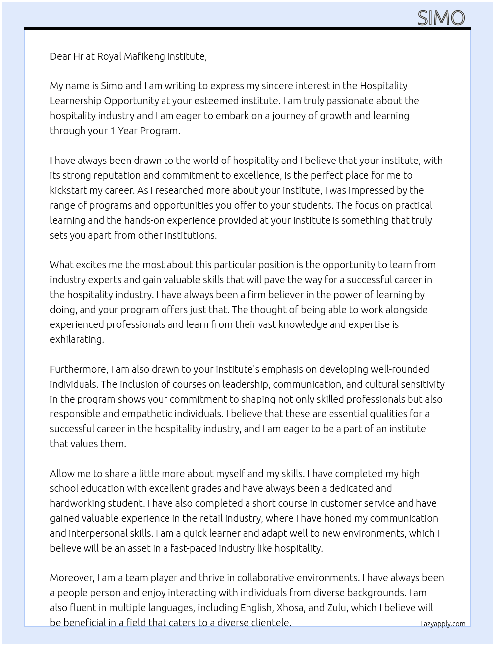 Hospitality Learnership Opportunity :1 Year Program  At Royal Mafikeng institute  Cover Letter