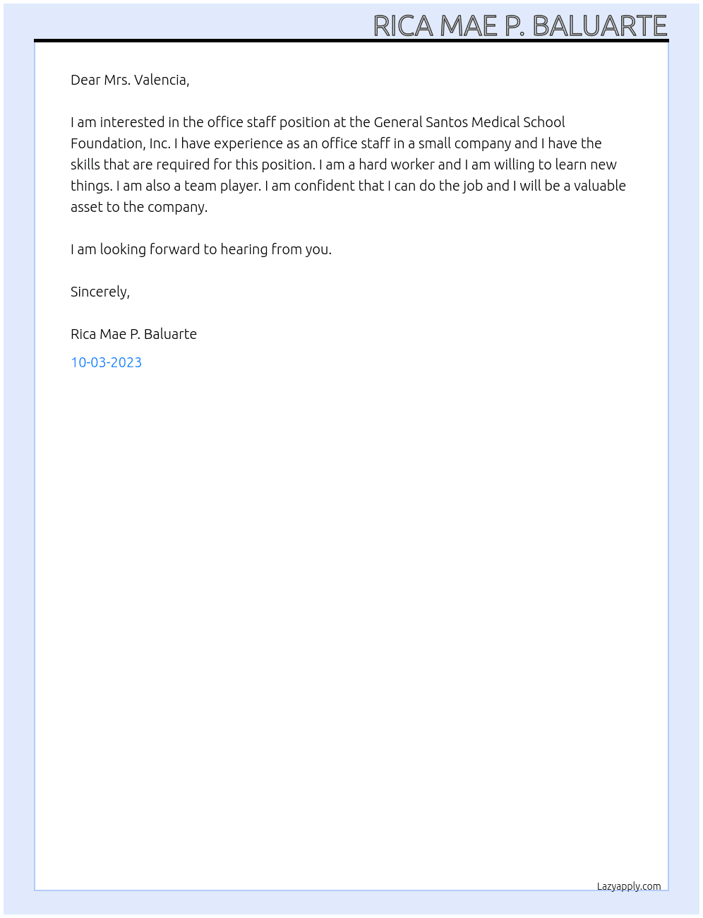 Office staff At General Santos Medical School Foundation, Inc Cover Letter