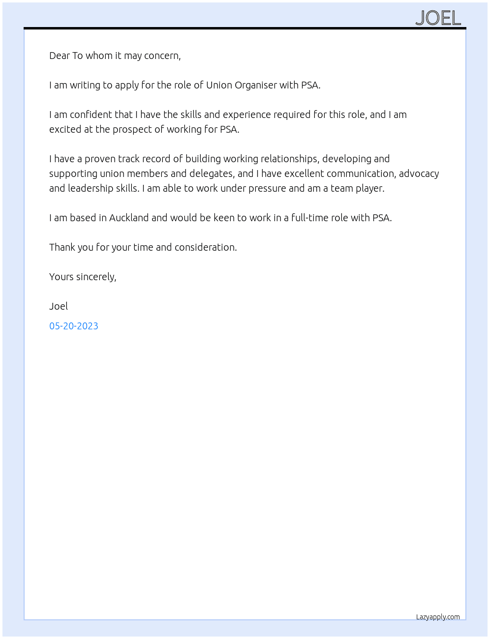 Union Organiser  At PSA Cover Letter