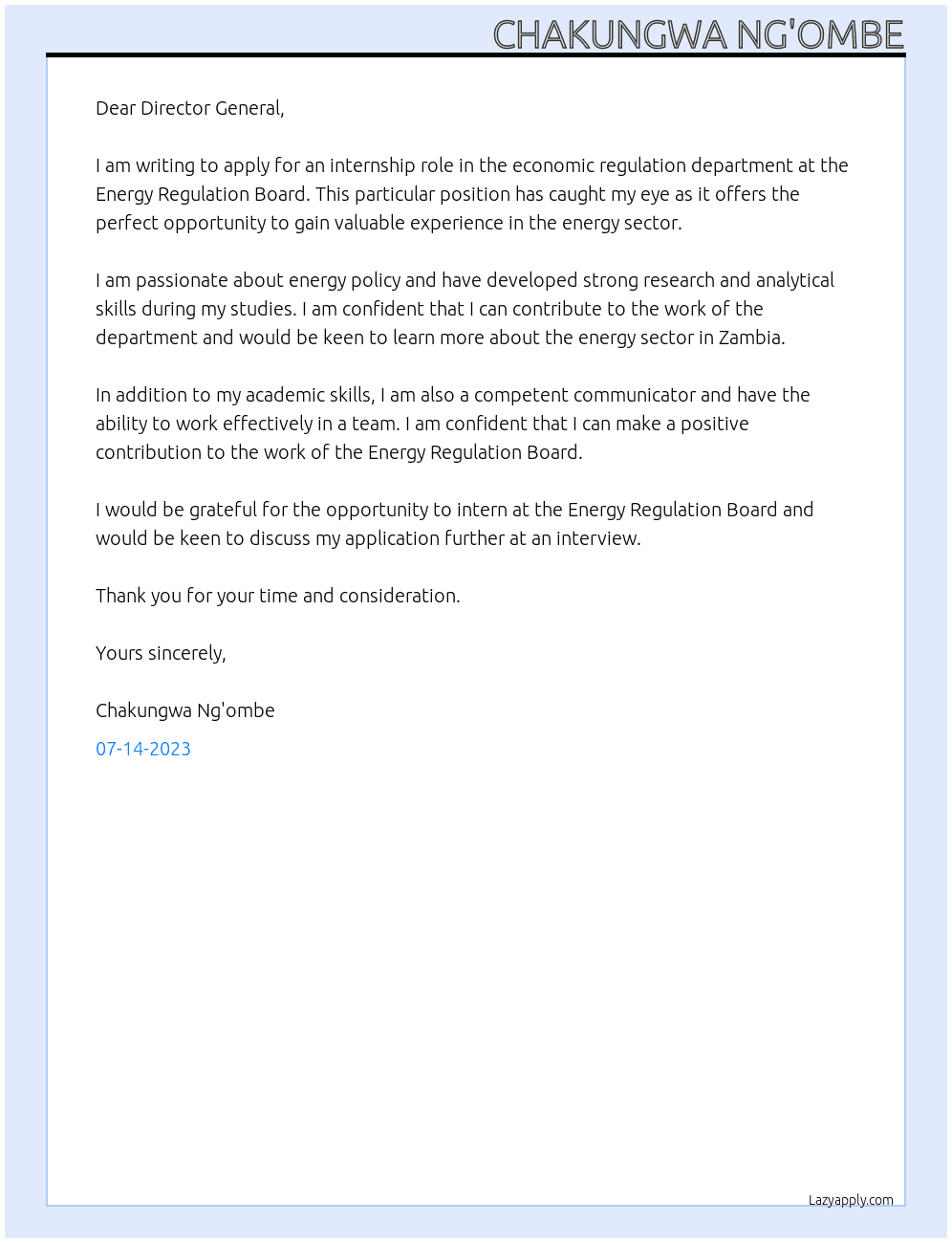 Internship role in the economic regulation department  At Energy Regulation Board Cover Letter