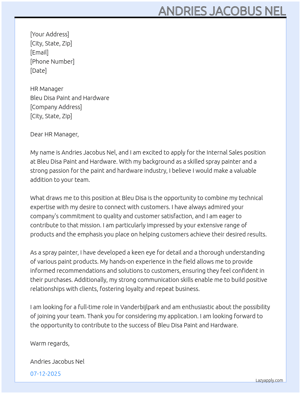 Internal sales At Bleu Disa paint and Hardware Cover Letter