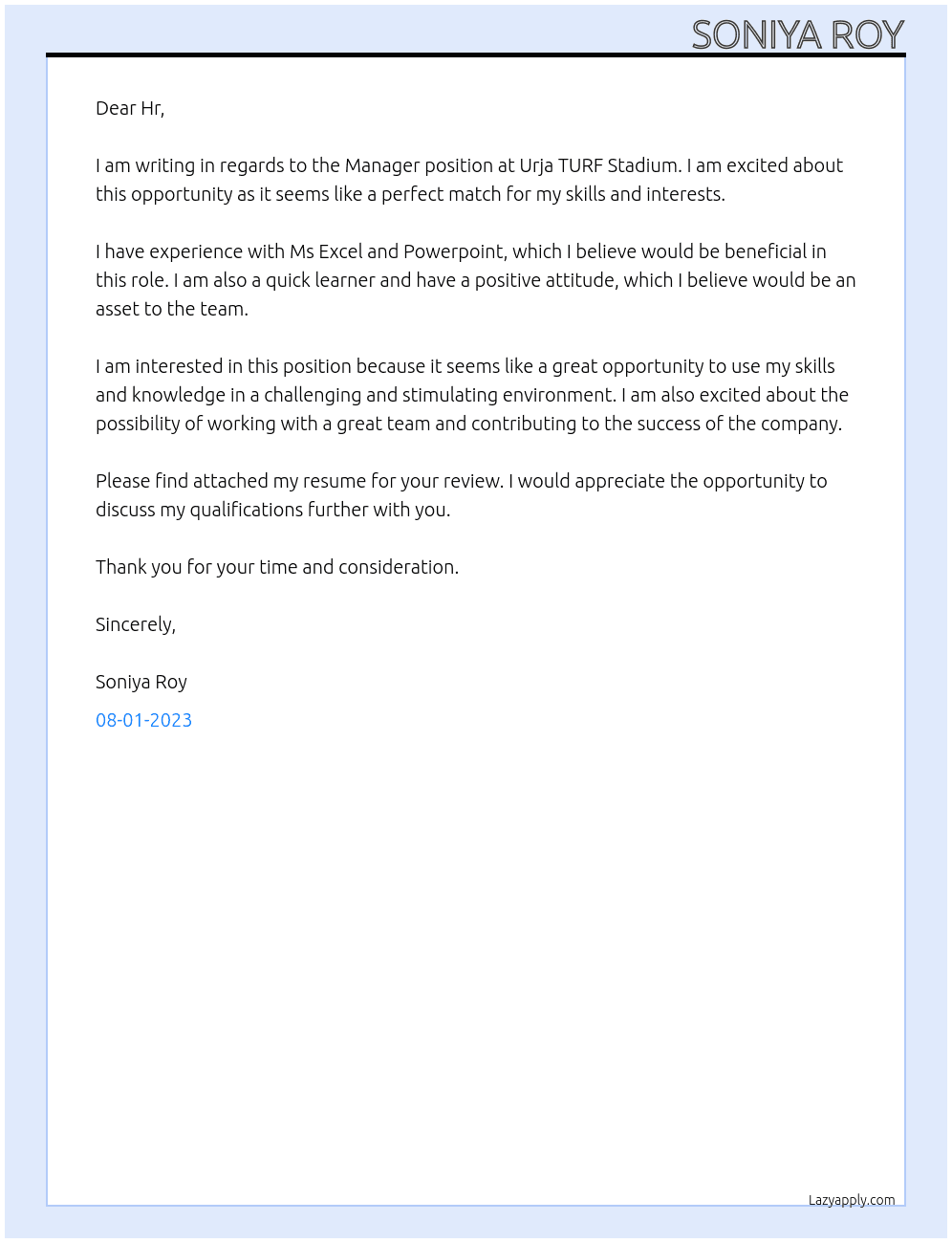 Manager At Urja TURF Stadium Cover Letter