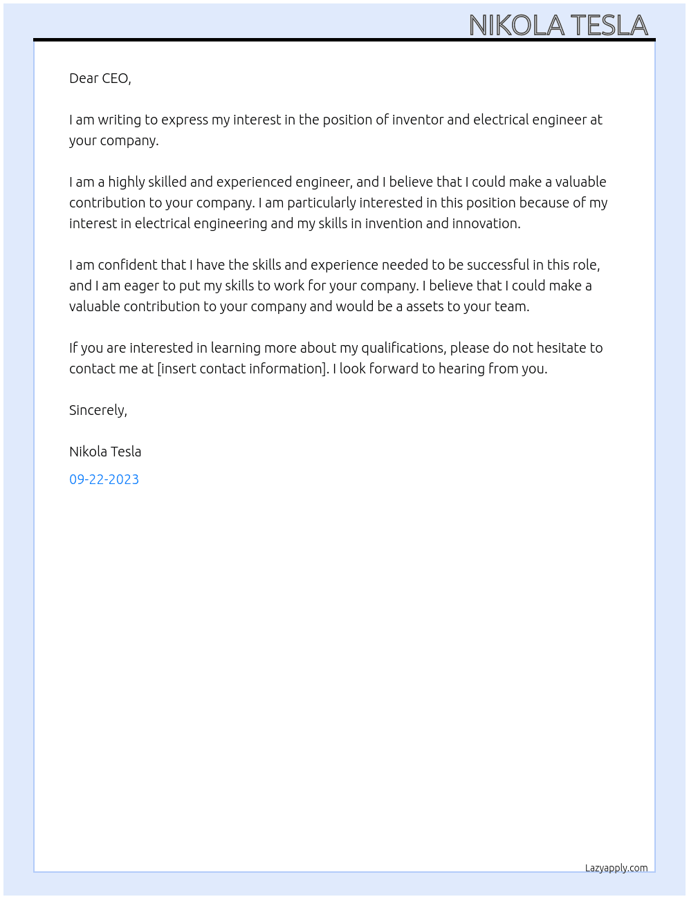  inventor and electrical engineer At engineer  Cover Letter