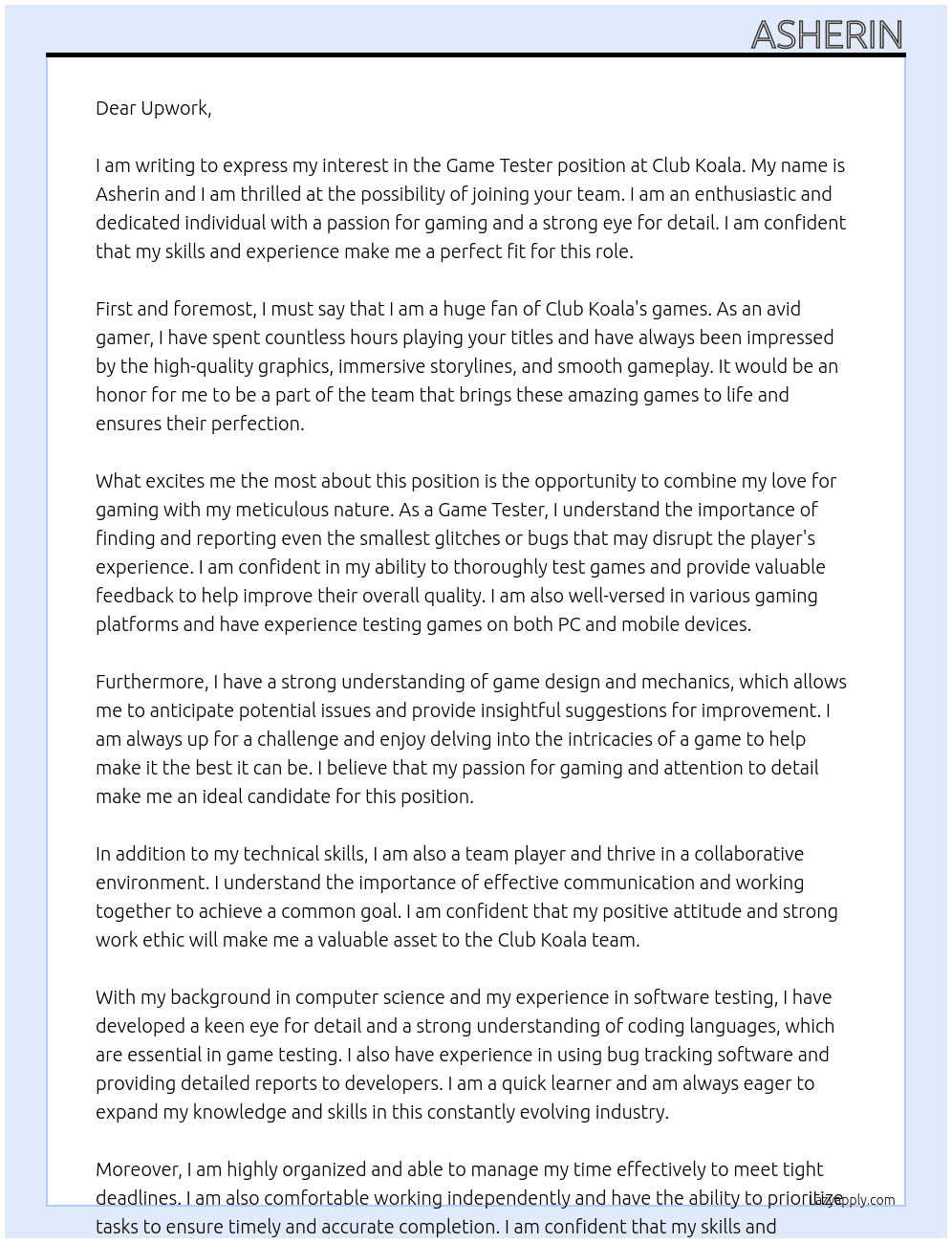 Game Tester At Club Koala Cover Letter