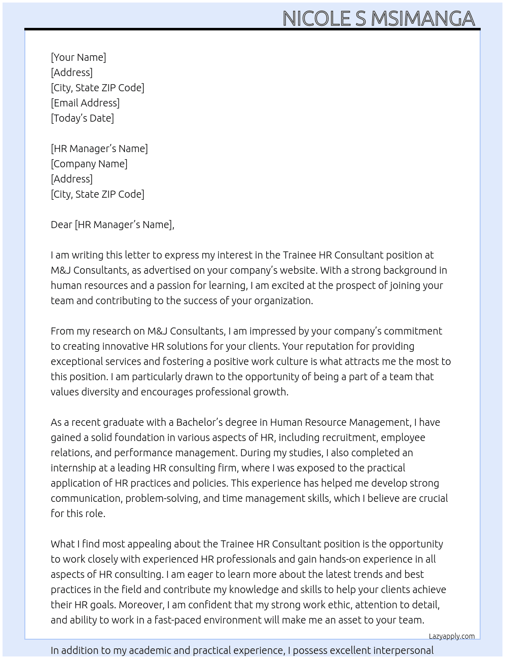 Trainee HR consultant  At M&J consultants Cover Letter