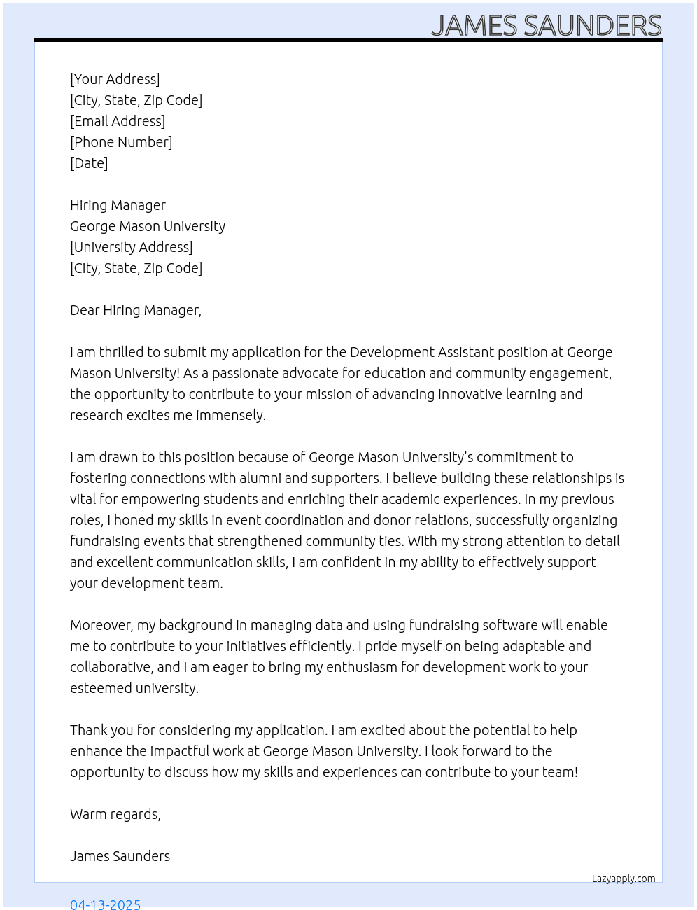 Cover letter for development assistnat - LazyApply