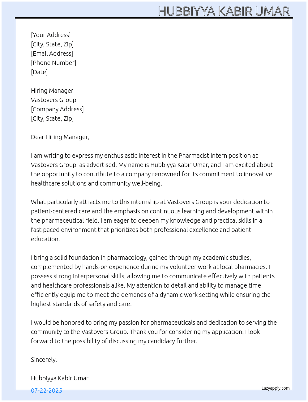 Pharmacist intern At Vastovers group Cover Letter