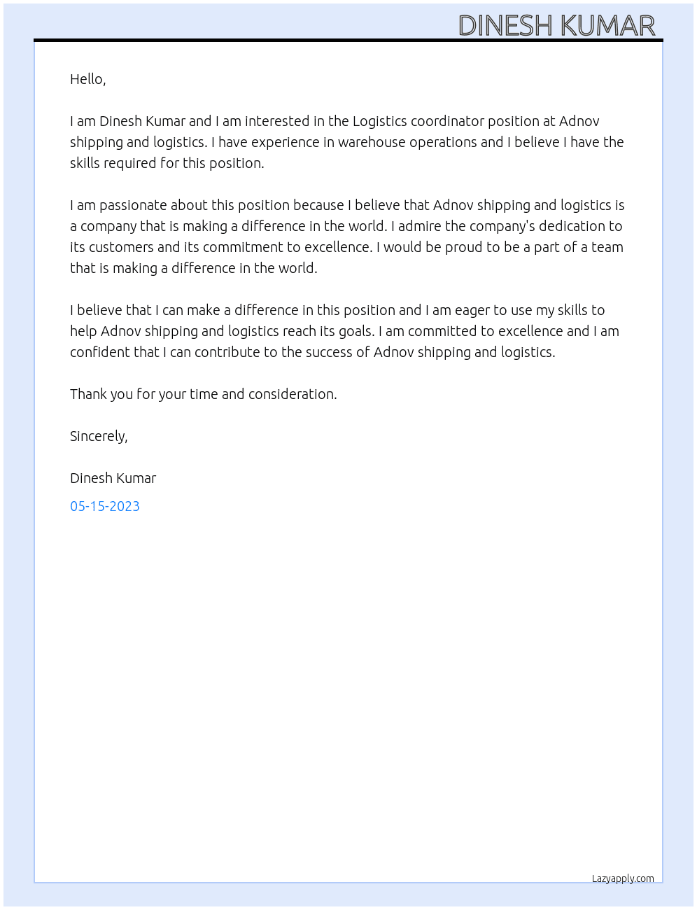 Logistics coordinator  At Adnov shipping and logistics  Cover Letter