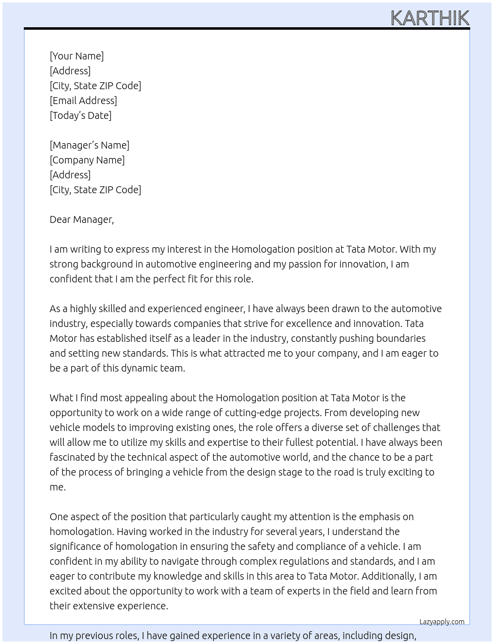 homologation  At Tata motor Cover Letter