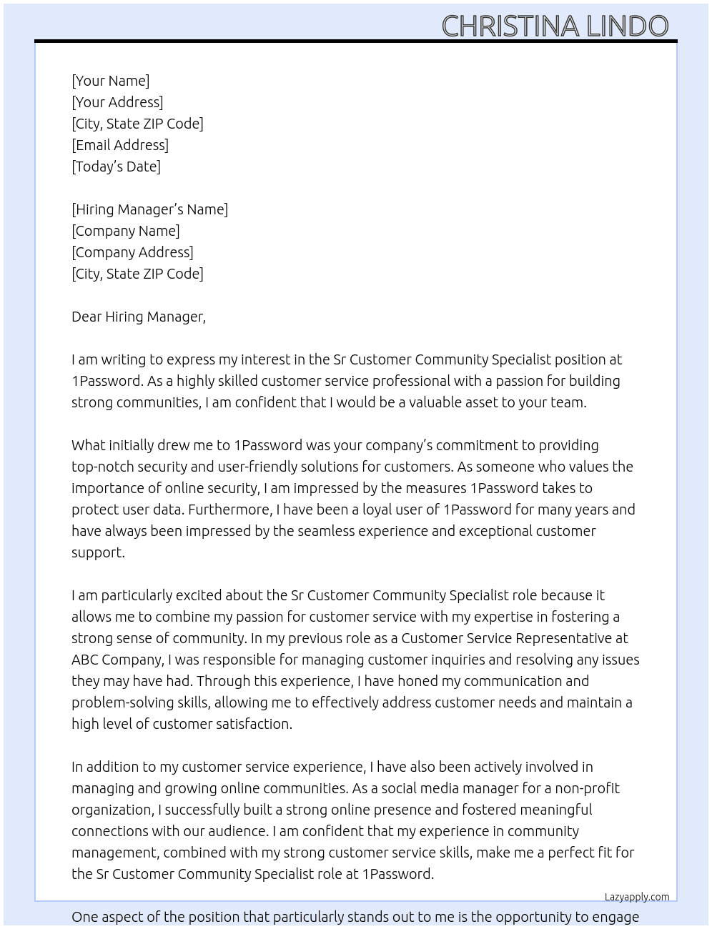 Sr Customer Community Specialist At 1Password Cover Letter