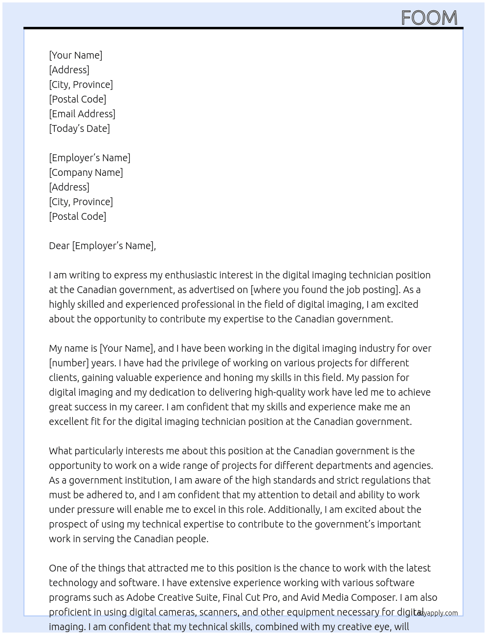 digital imaging technician At Canadian government Cover Letter