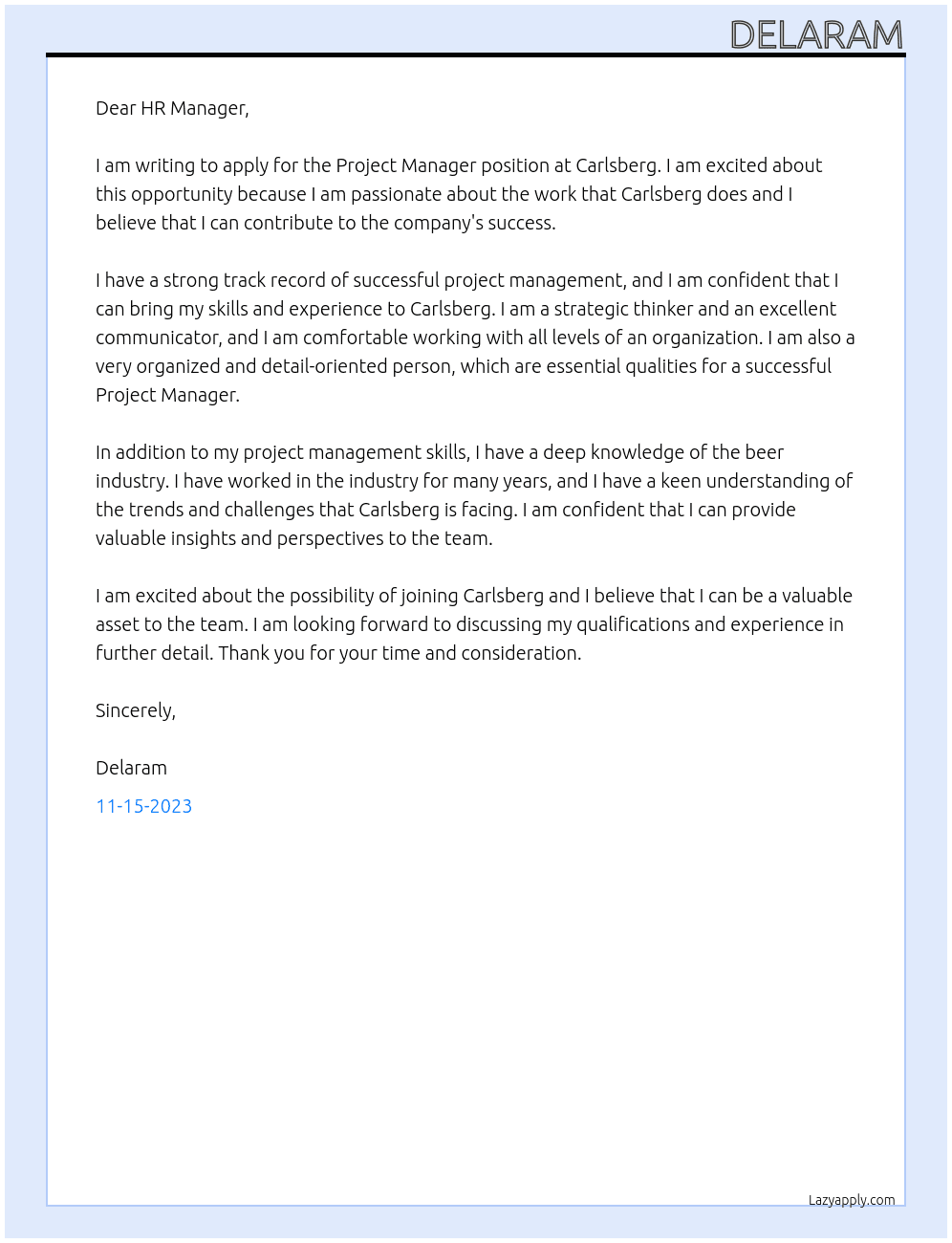 Project Manager  At Carlsberg Cover Letter
