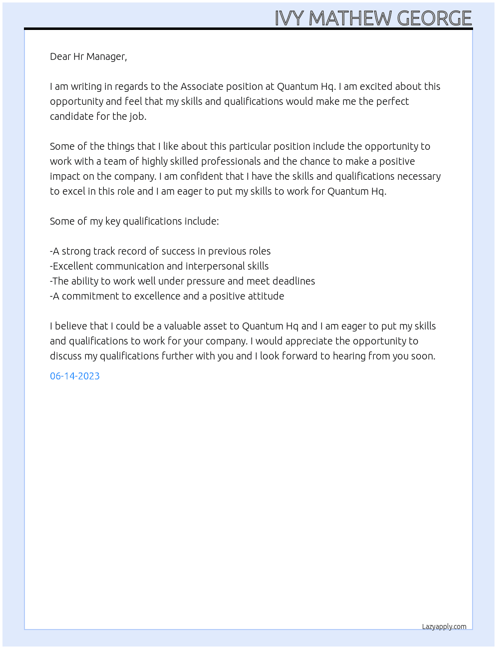 Associate At Quantum Hq Cover Letter