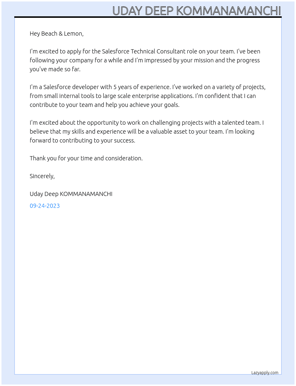 Salesforce Technical Consultant  At Beach & Lemon Cover Letter