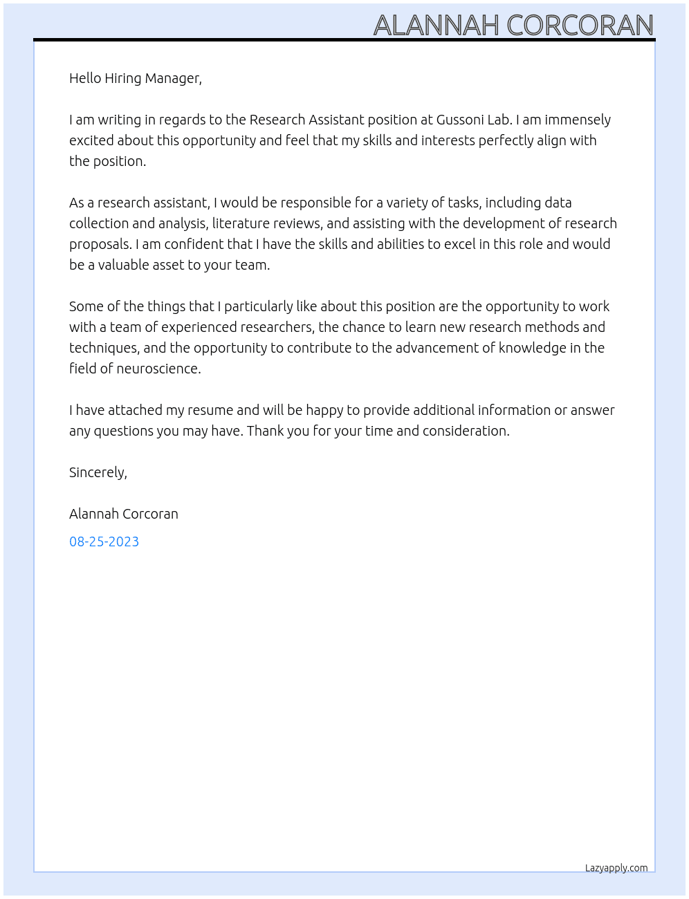 Research Assistant At Gussoni Lab Cover Letter