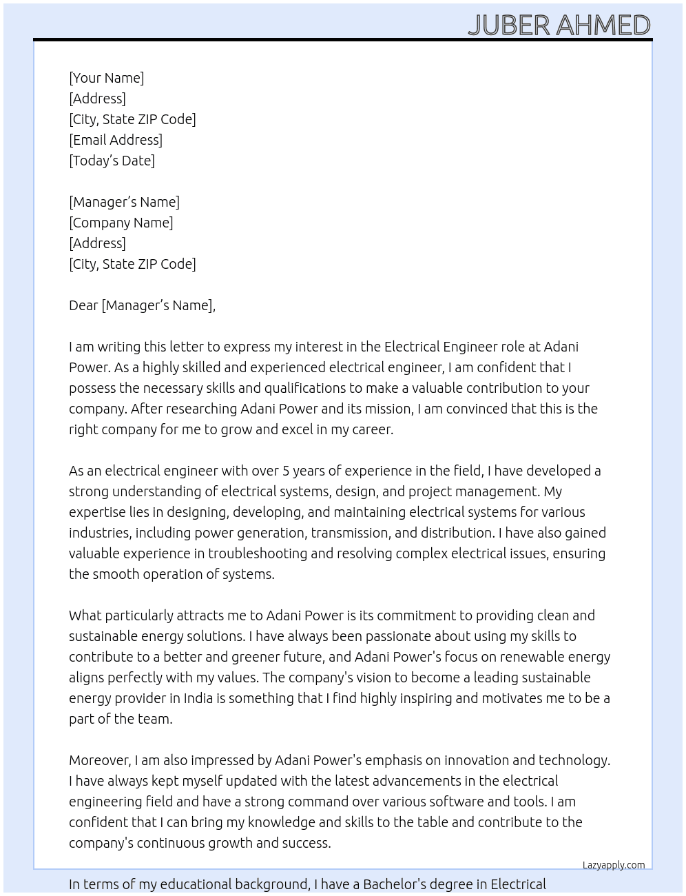 Electrical At adani power Cover Letter