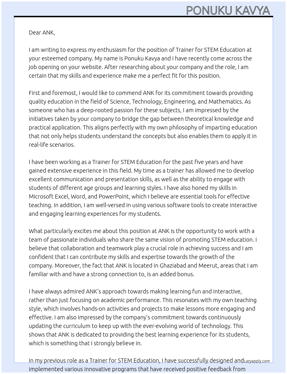Trainer for STEM Education  At ANK Cover Letter