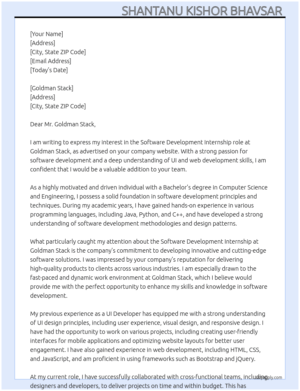 Soft ware development  At Goldman stack Cover Letter