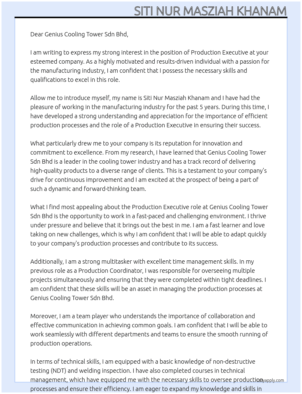 PRODUCTION EXECUTIVE At GENIUS COOLING TOWER SDN BHD Cover Letter