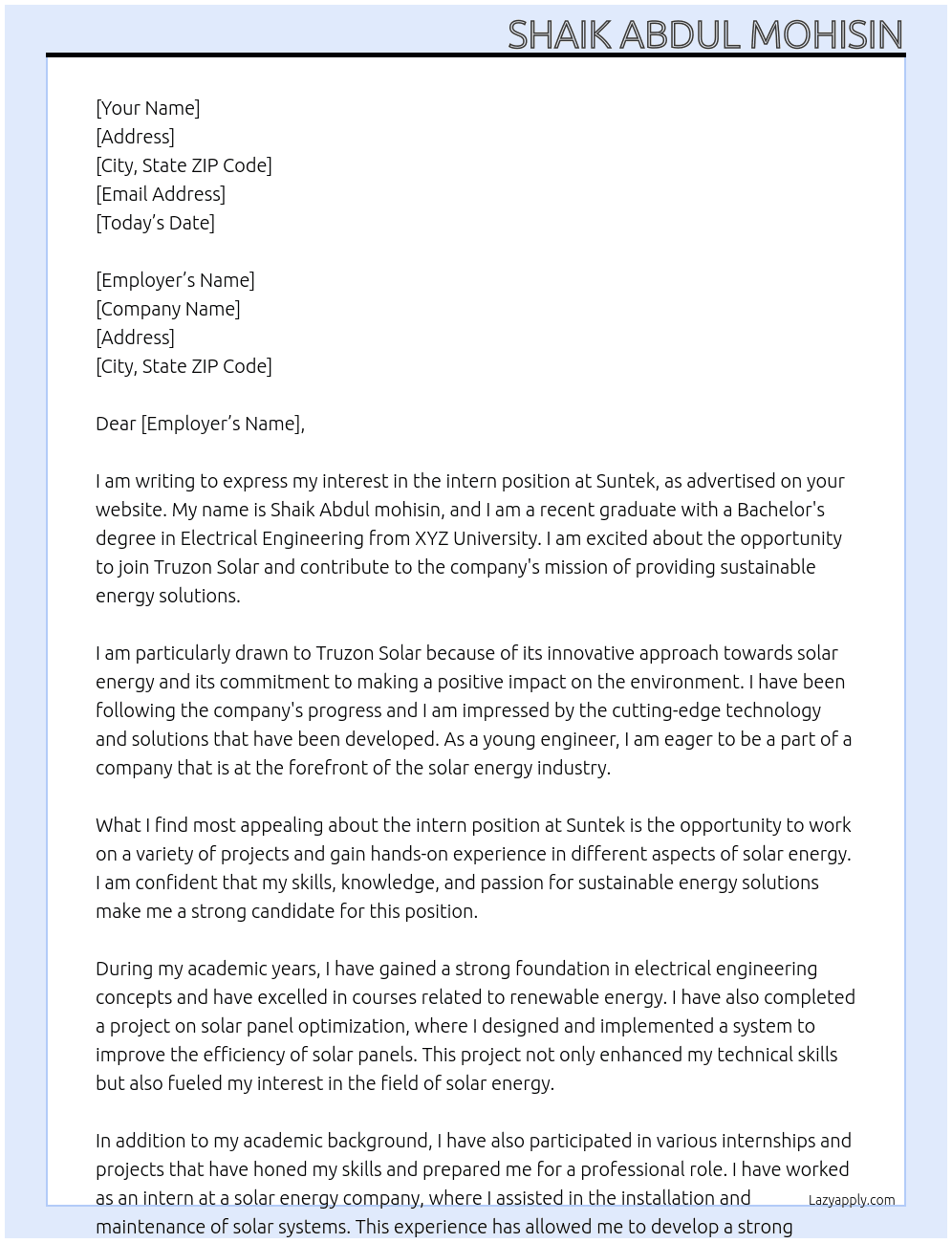 intern At suntek Cover Letter