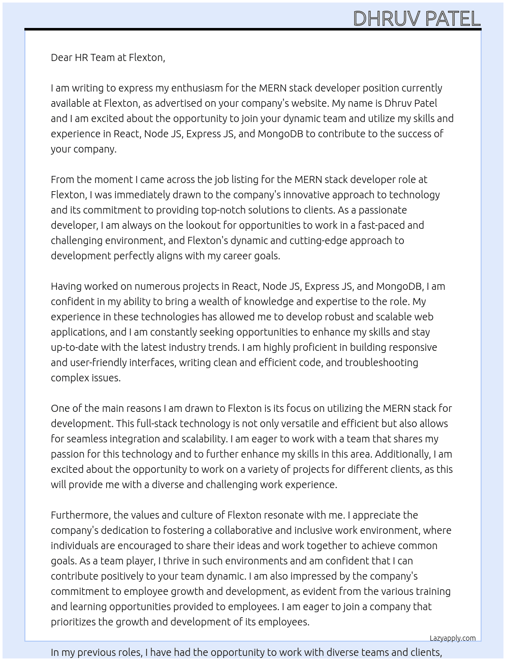 MERN stack developer  At Flexton Cover Letter