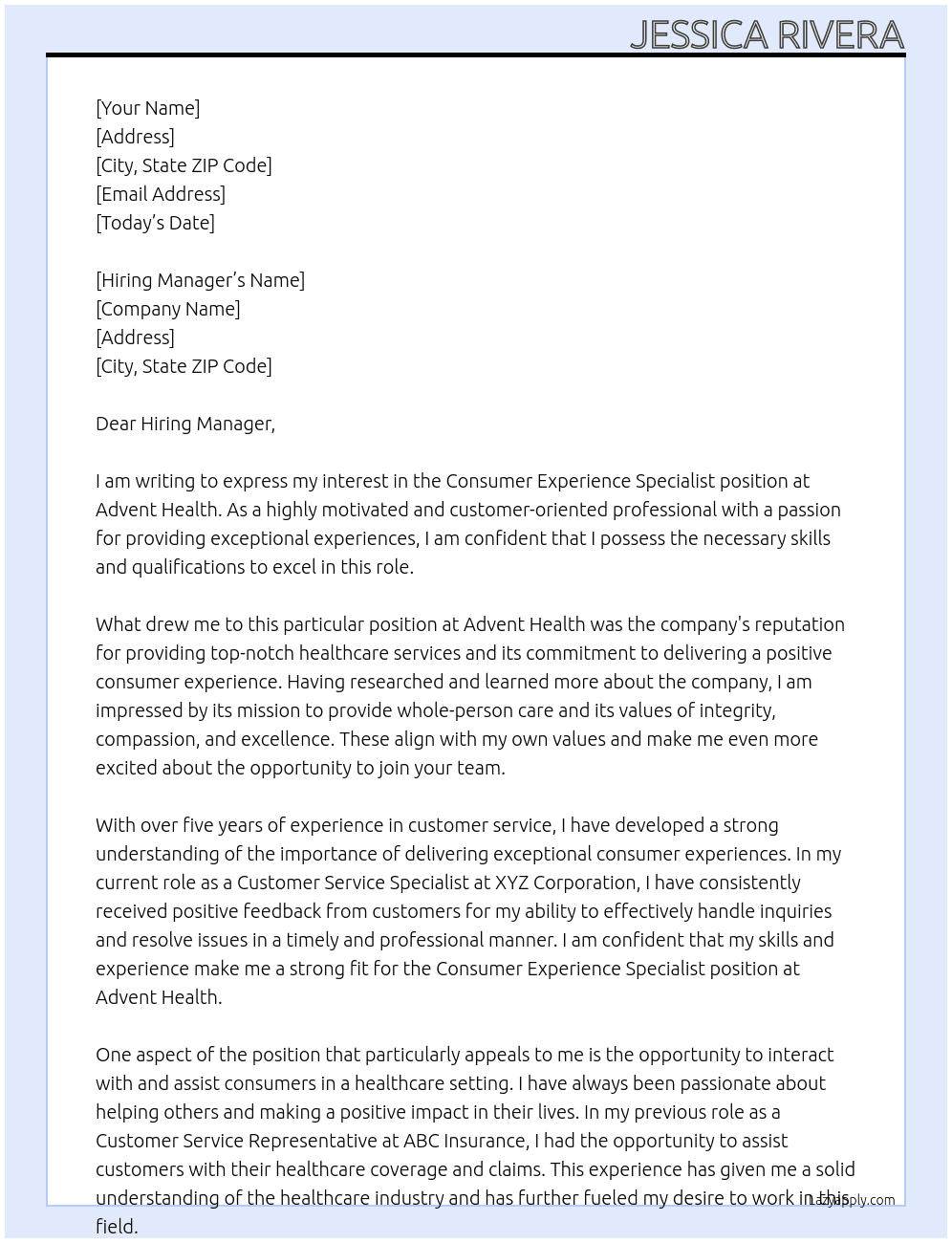 Consumer Experience Specialist At Advent Health Cover Letter