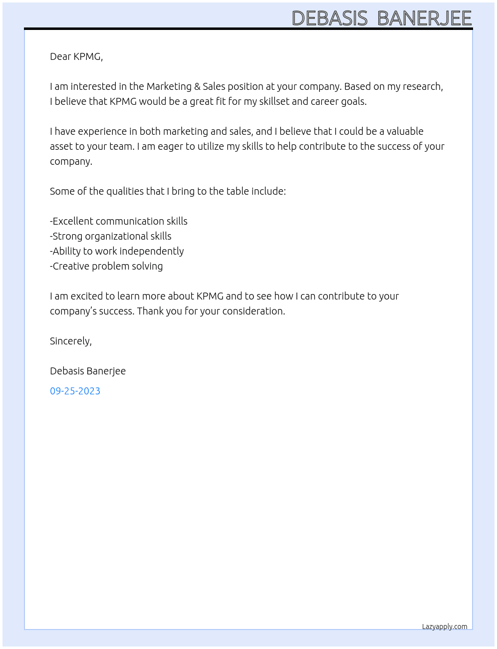 Marketing & Sales  At KPMG Cover Letter