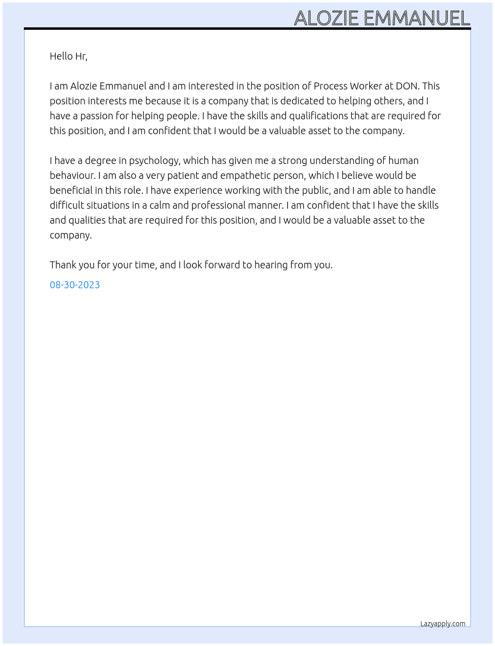 Process Worker At DON Cover Letter