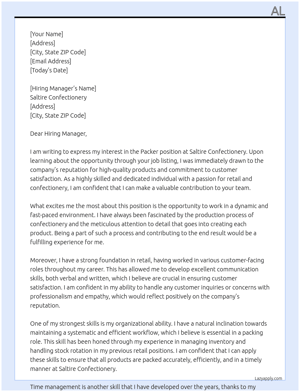 Packer At Saltire Confectionery Cover Letter