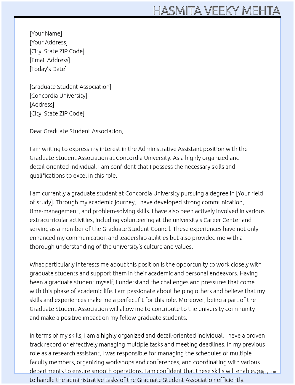 Administrative Assistant. At Concordia University Cover Letter