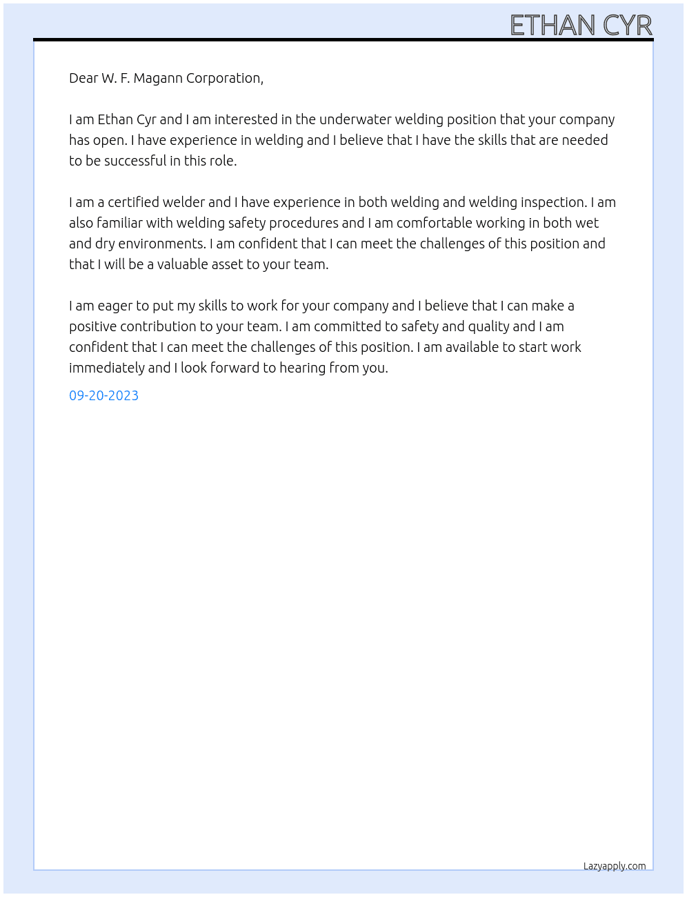 underwater welding At W. F. Magann Corporation Cover Letter