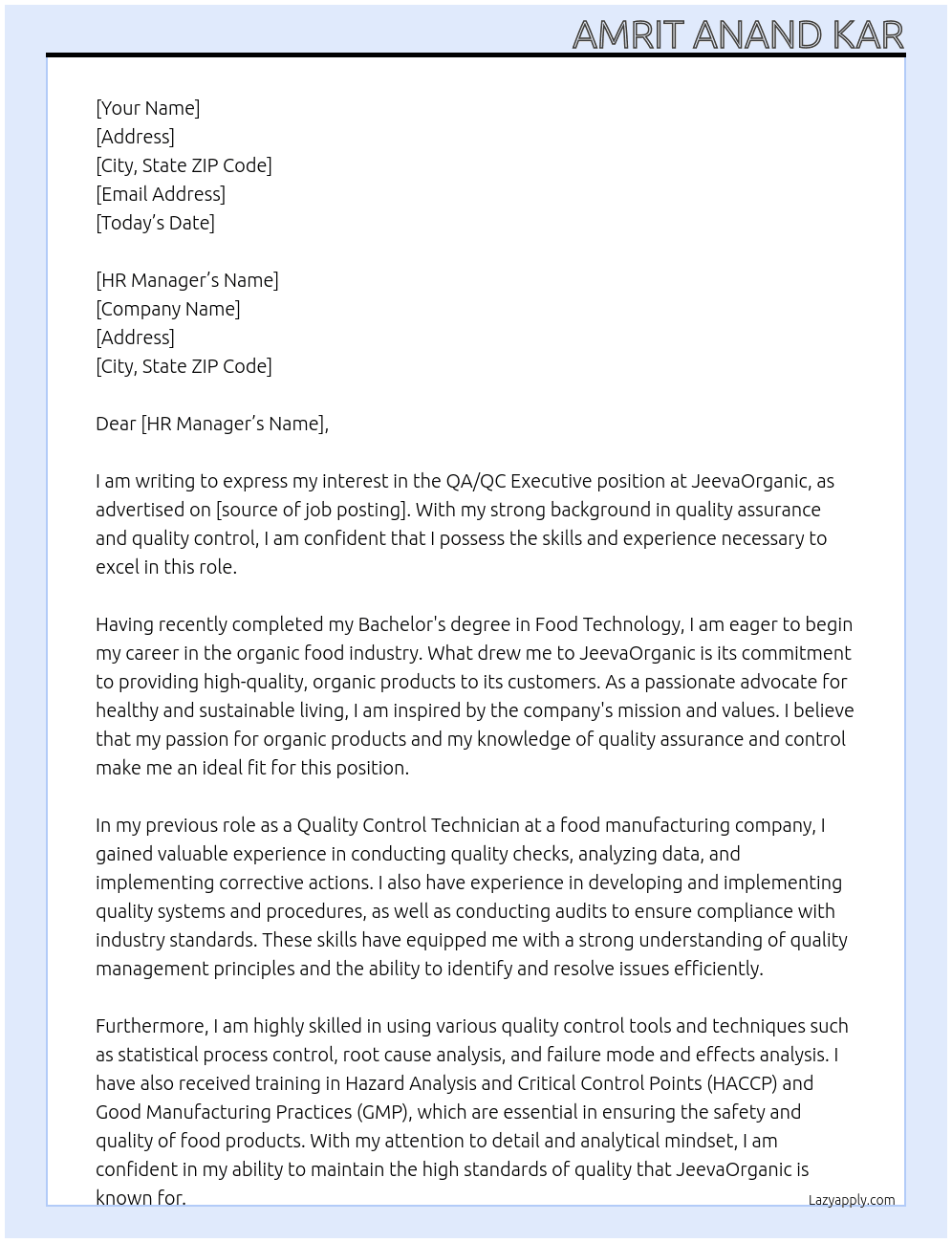 QA/QC Executive At JeevaOrganic Cover Letter
