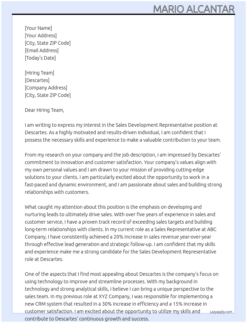 Sales Development Representative At Descartes Cover Letter