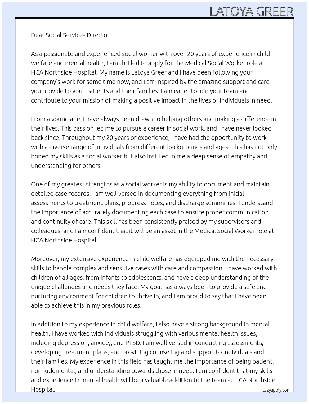 Social worker At HCA Northside Hospital Cover Letter