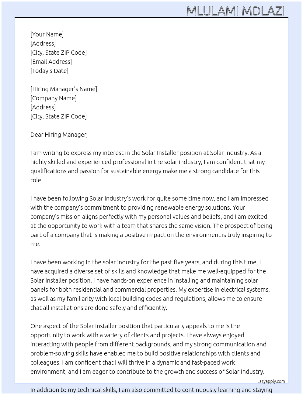 Solar installer  At Solar Industry  Cover Letter