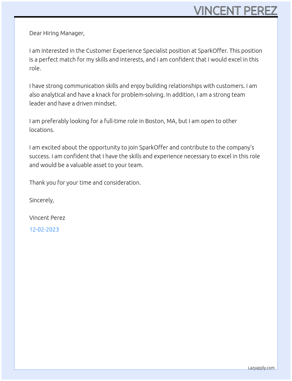 Customer Experience Specialist At SparkOffer Cover Letter
