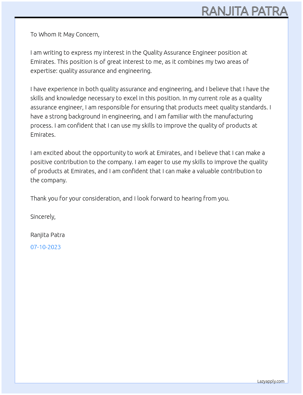 Quality Assurance Engineer At Emirates Cover Letter