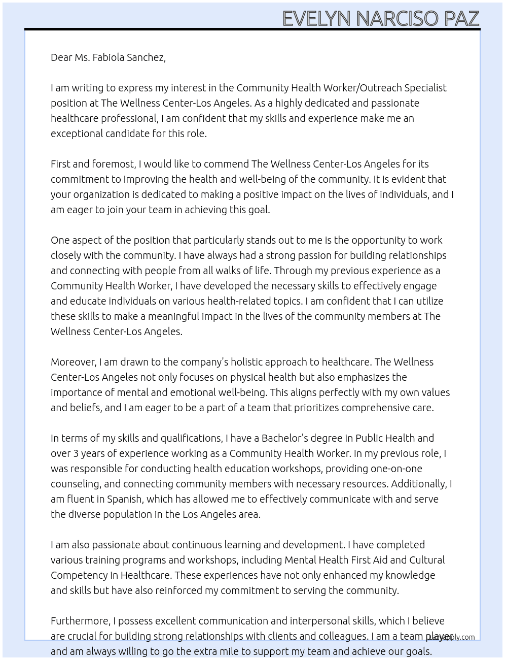 Community Health Worker/Outreach Specialist At The Wellness Center-Los Angeles Cover Letter