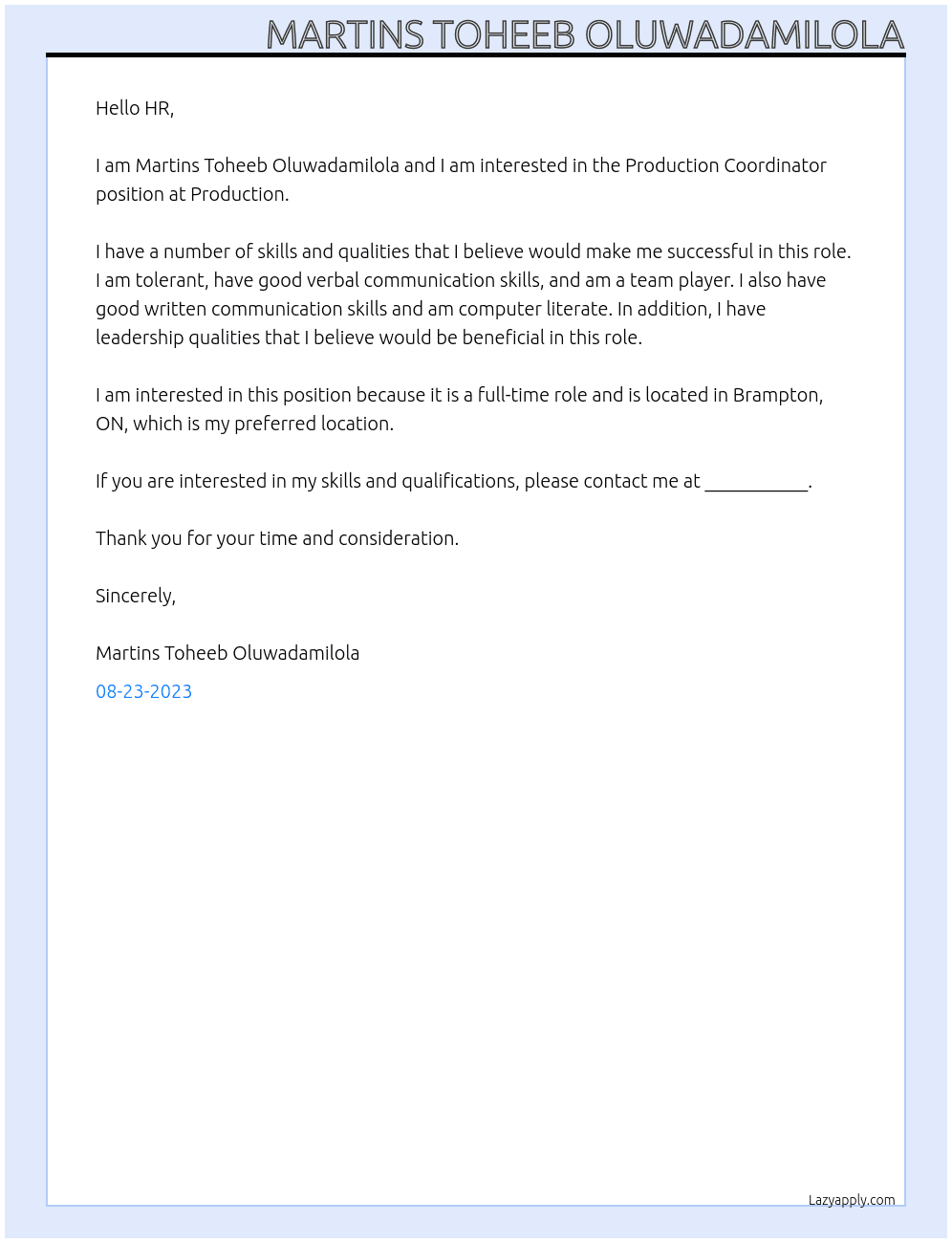 Production coordinator At Production Cover Letter
