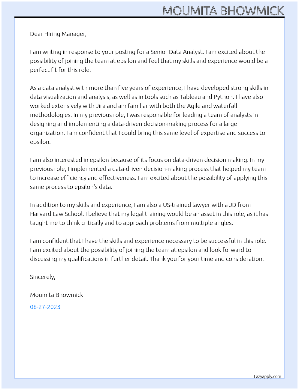 Senior Data Analyst At epsilon Cover Letter