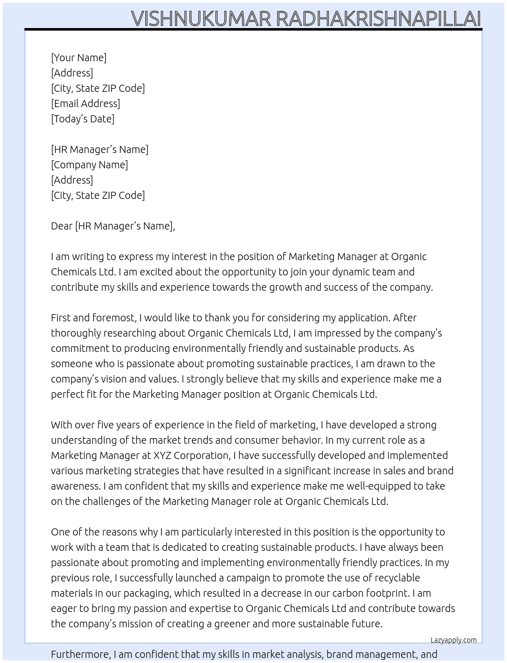 marketing manager  At Organic chemicals Ltd Cover Letter
